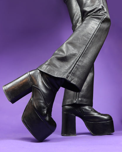 Vintage 1970s Sky High Black Leather Platform Boots UK 6