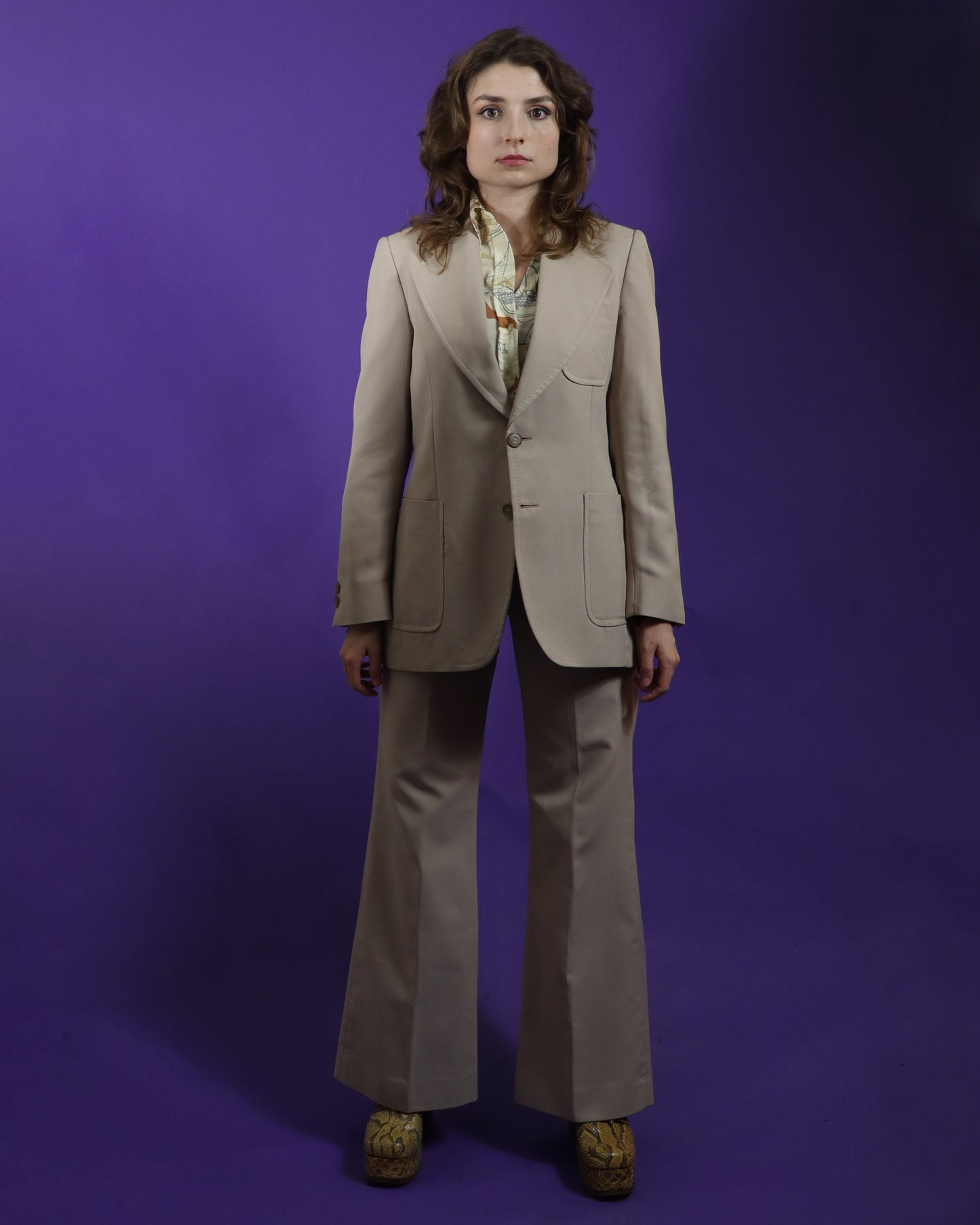 Vintage 1970s Beige Trouser Suit with Flares