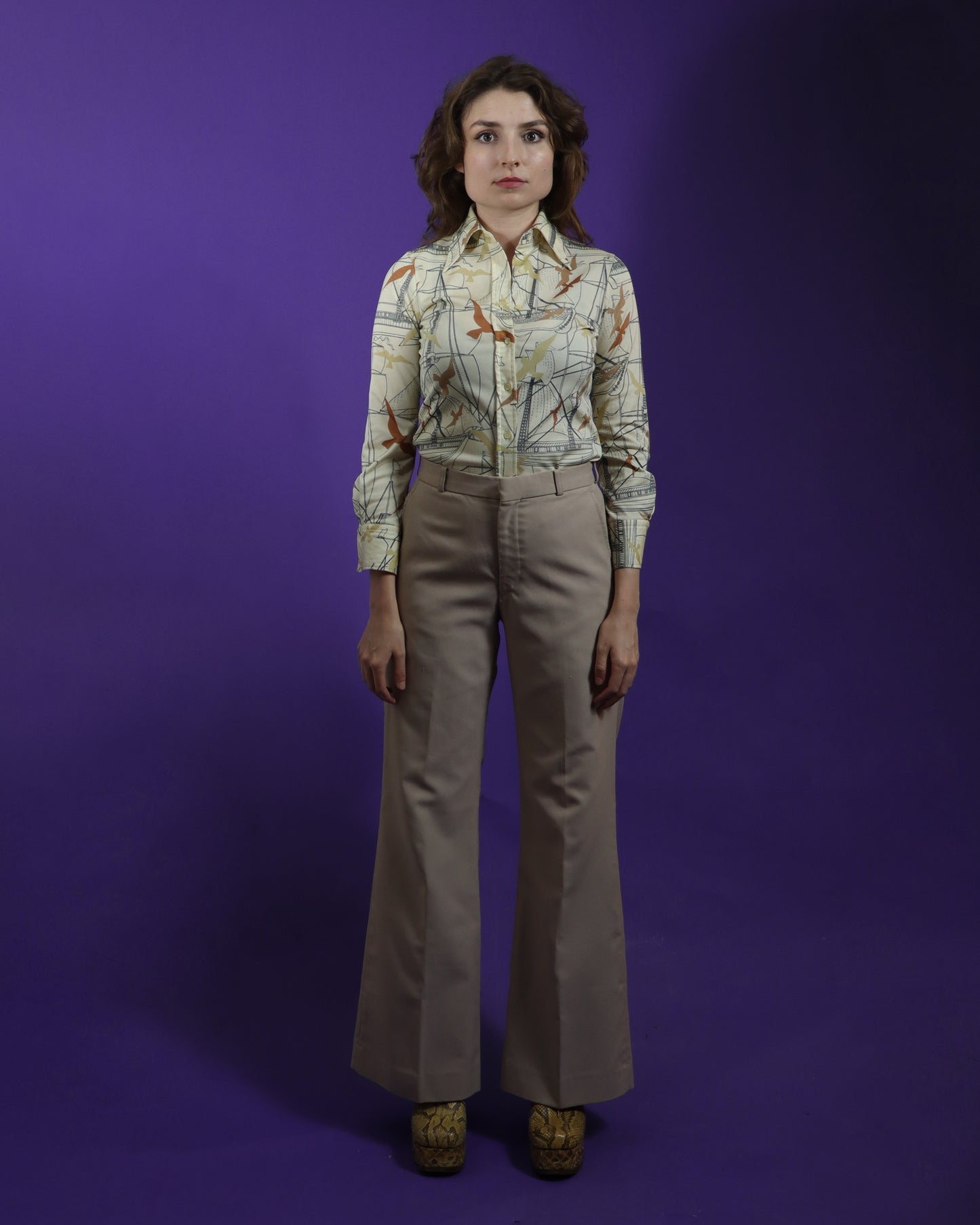 Vintage 1970s Beige Trouser Suit with Flares