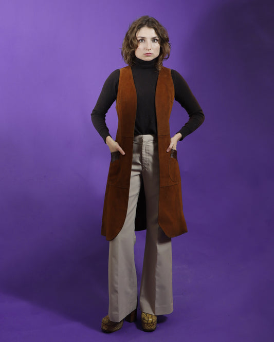 Vintage 1970s Snakeskin Detail Suede Duster Vest