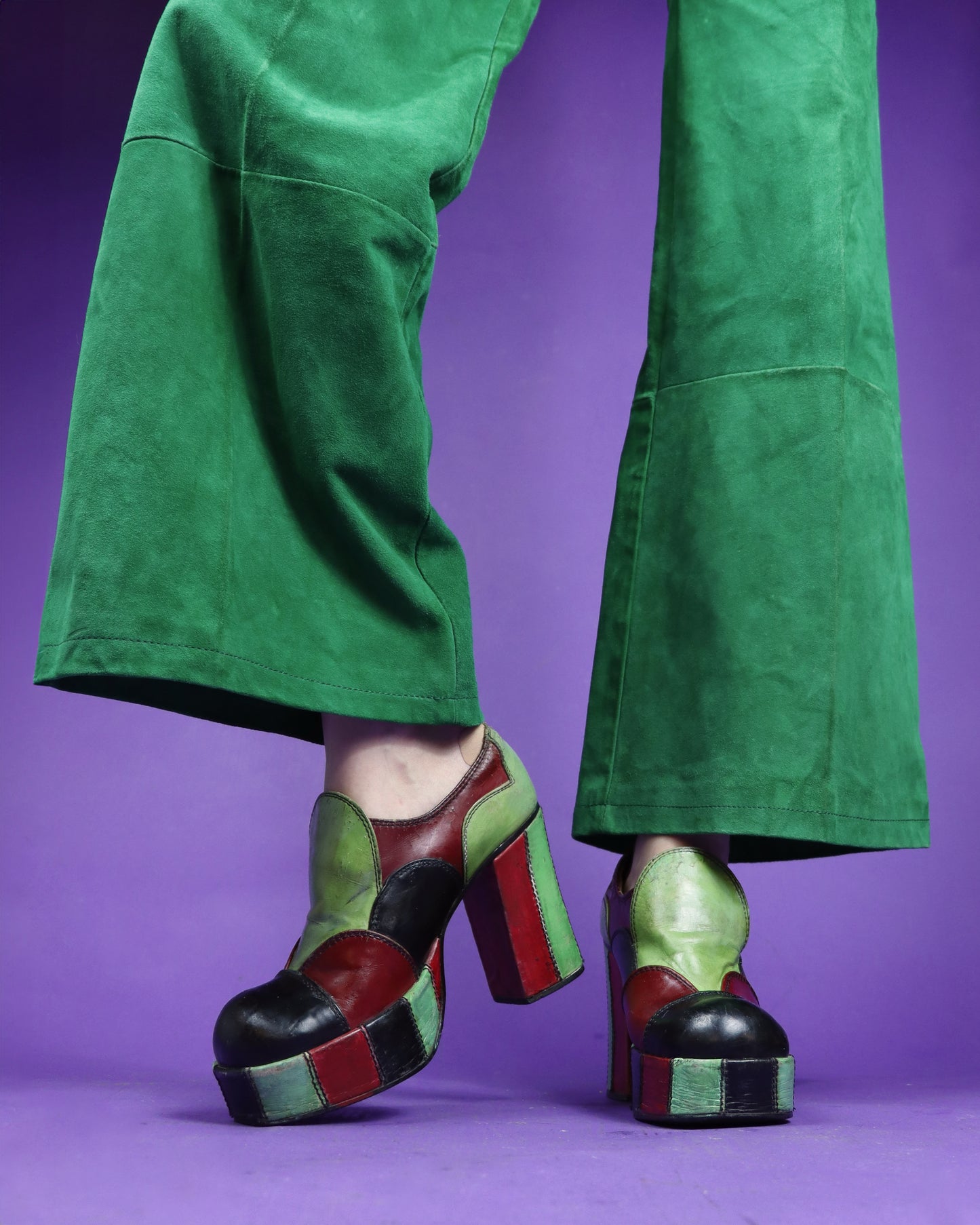 Vintage 1970s Eldita's Patchwork Platform Shoes Green UK 4