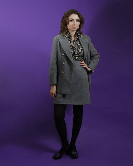 Vintage 1970s Grey 3 Piece Woollen Suit with Flares and Skirt