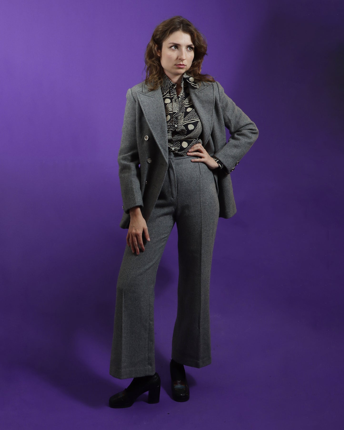 Vintage 1970s Grey 3 Piece Woollen Suit with Flares and Skirt