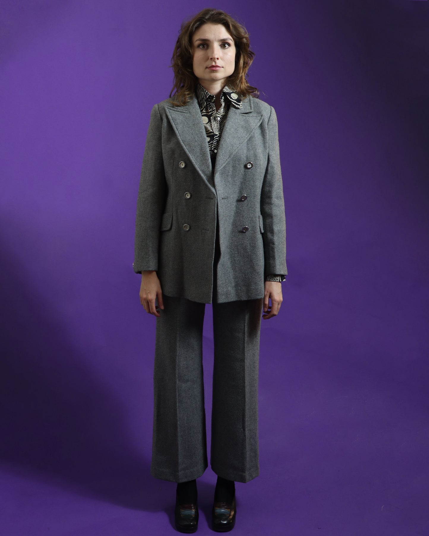 Vintage 1970s Grey 3 Piece Woollen Suit with Flares and Skirt