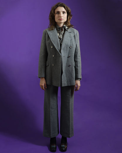 Vintage 1970s Grey 3 Piece Woollen Suit with Flares and Skirt