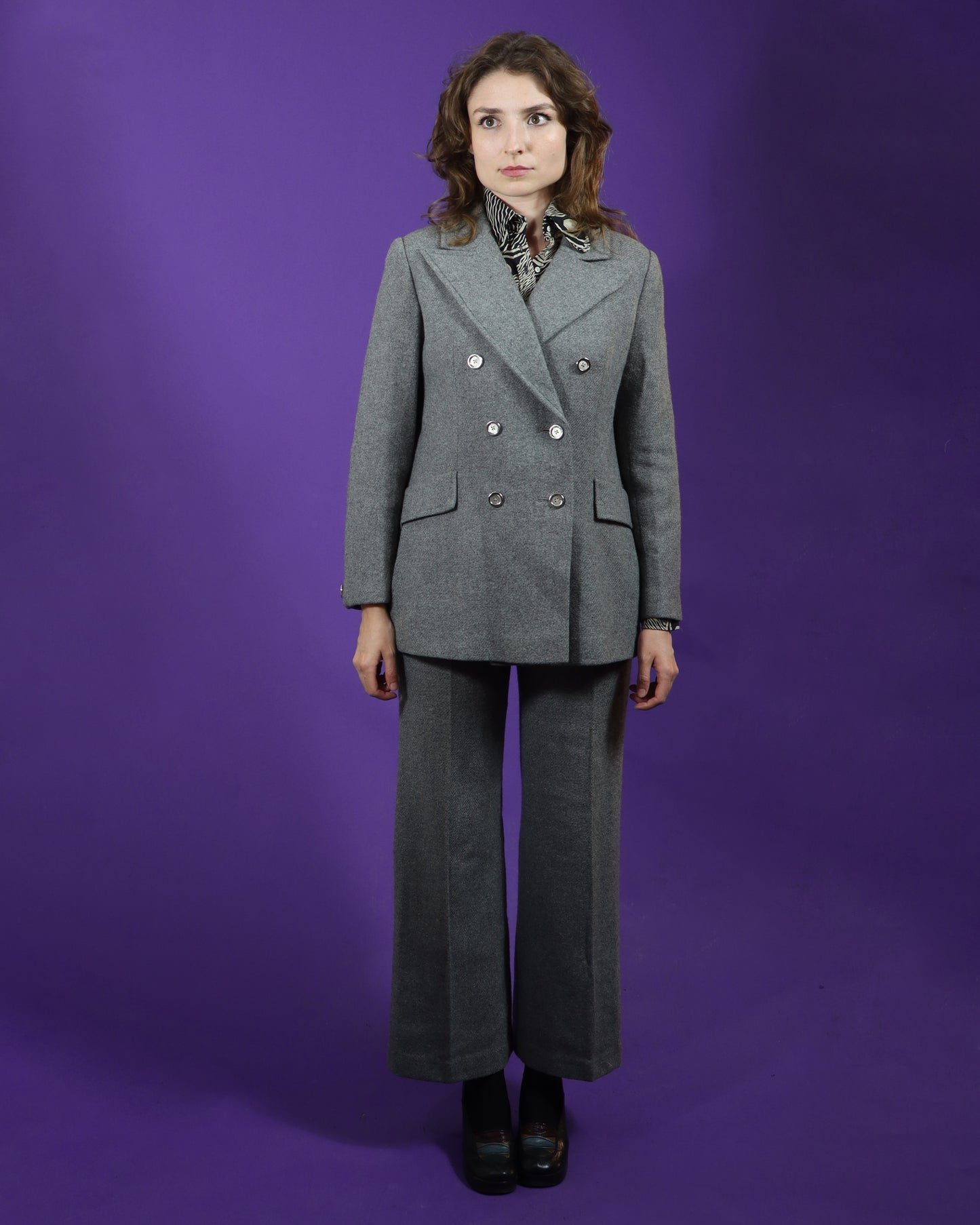 Vintage 1970s Grey 3 Piece Woollen Suit with Flares and Skirt