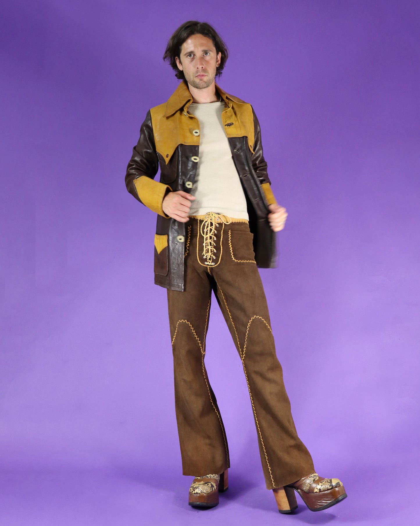 RARE Vintage 1970s North Beach Leather Suede Two Tone Whipstitch Suit