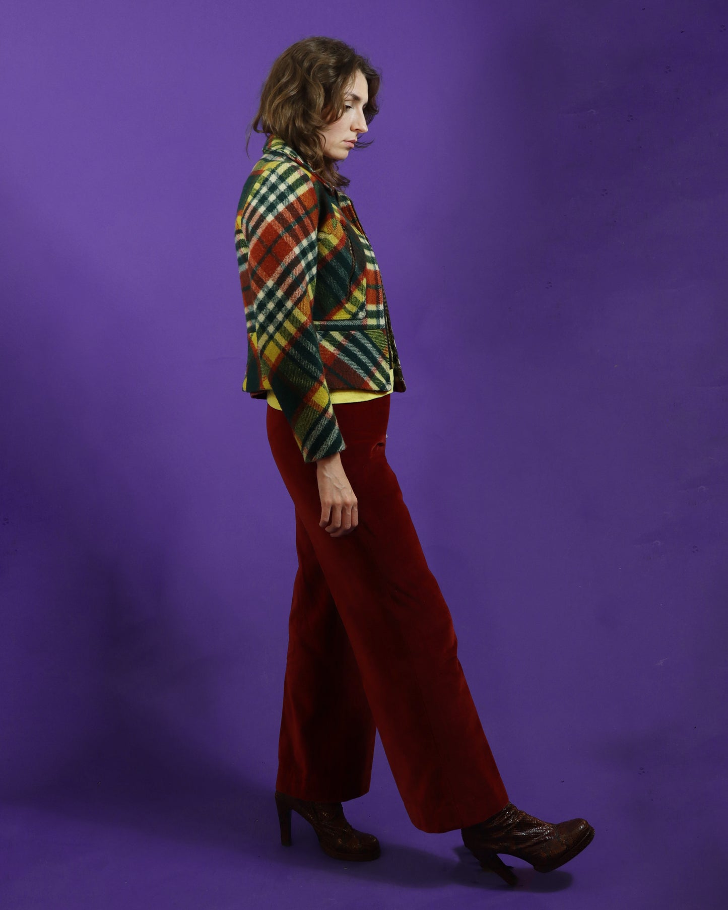 Vintage 1970s Plaid Gingham Wool Jacket Glam Rock