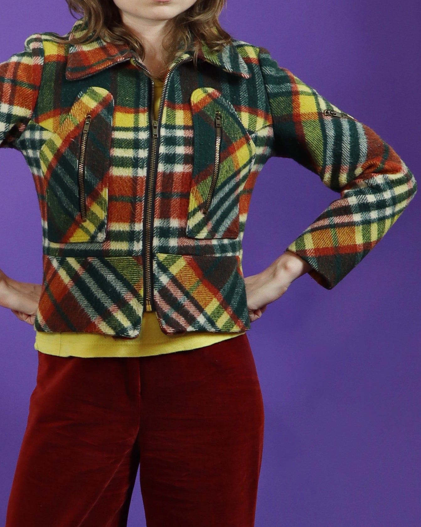 Vintage 1970s Plaid Gingham Wool Jacket Glam Rock