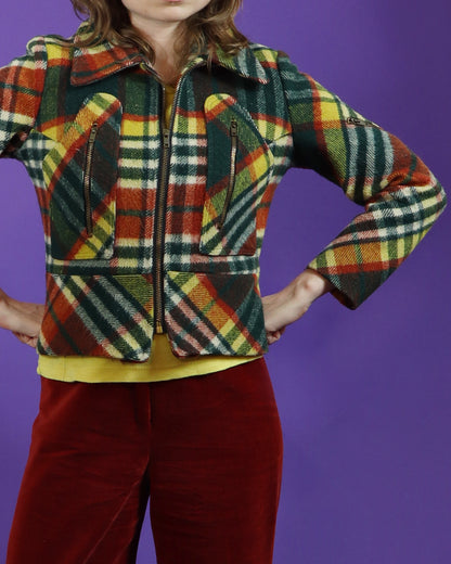 Vintage 1970s Plaid Gingham Wool Jacket Glam Rock