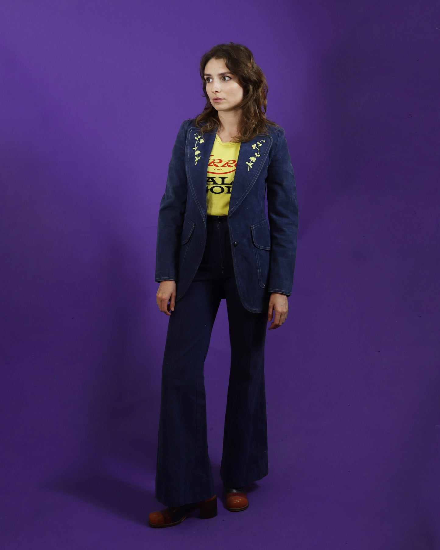 Vintage 1970s Denim Trouser Suit Embroidered