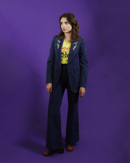Vintage 1970s Denim Trouser Suit Embroidered