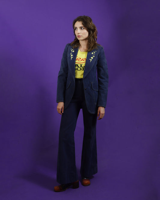 Vintage 1970s Denim Trouser Suit Embroidered