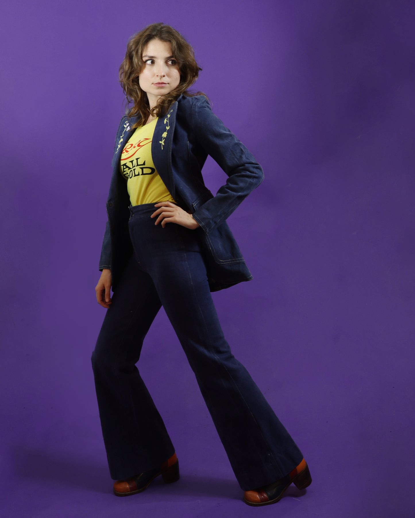 Vintage 1970s Denim Trouser Suit Embroidered