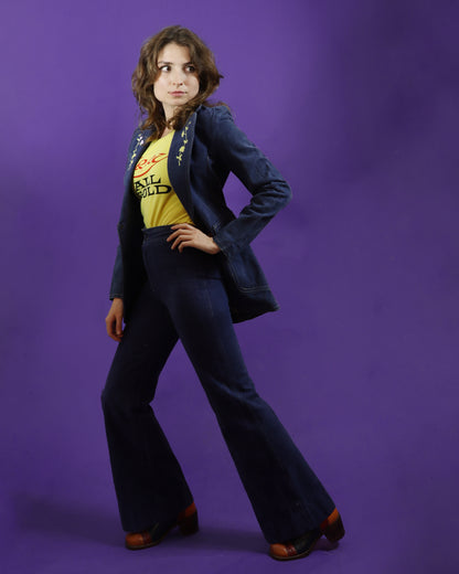 Vintage 1970s Denim Trouser Suit Embroidered