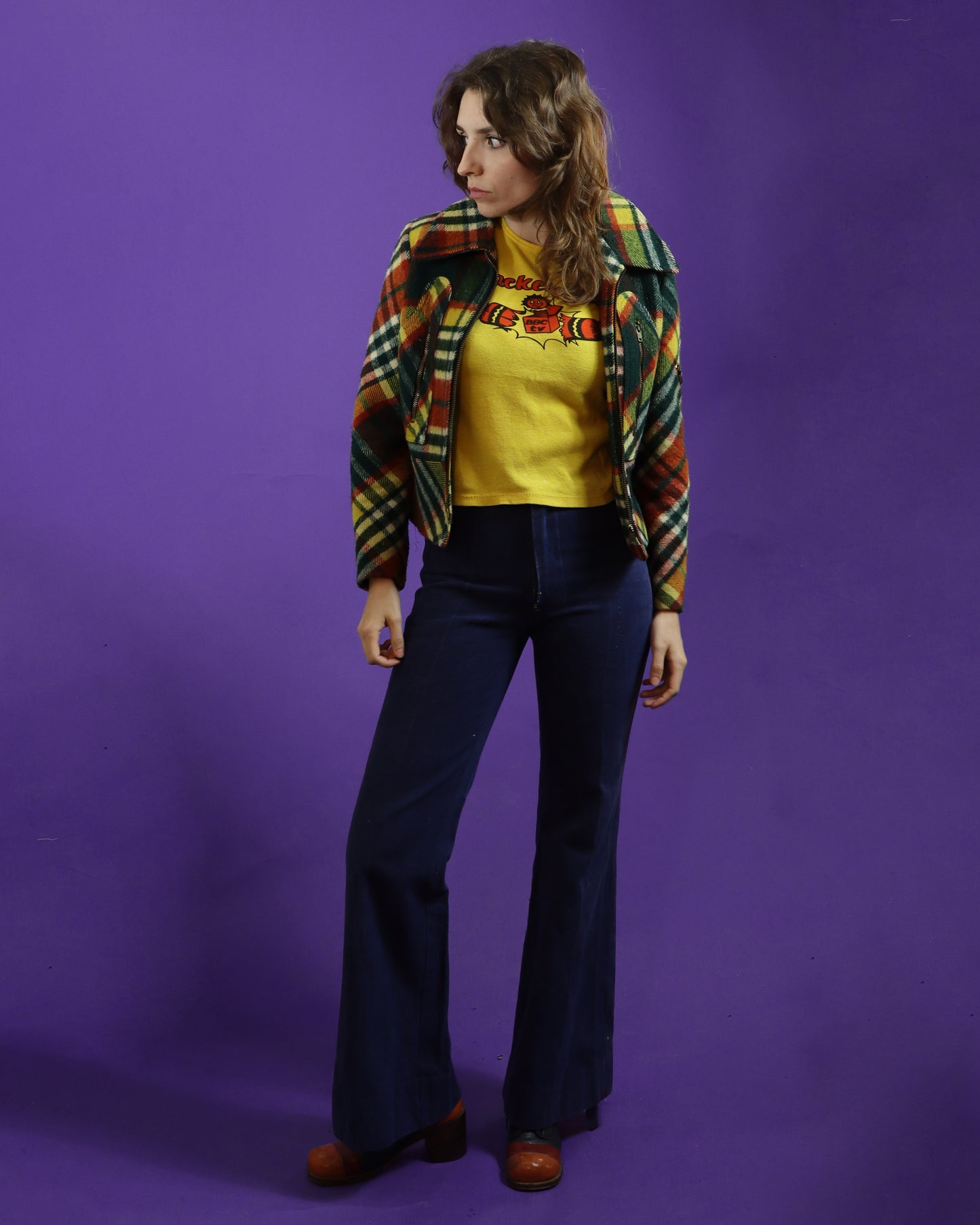 Vintage 1970s Plaid Gingham Wool Jacket Glam Rock