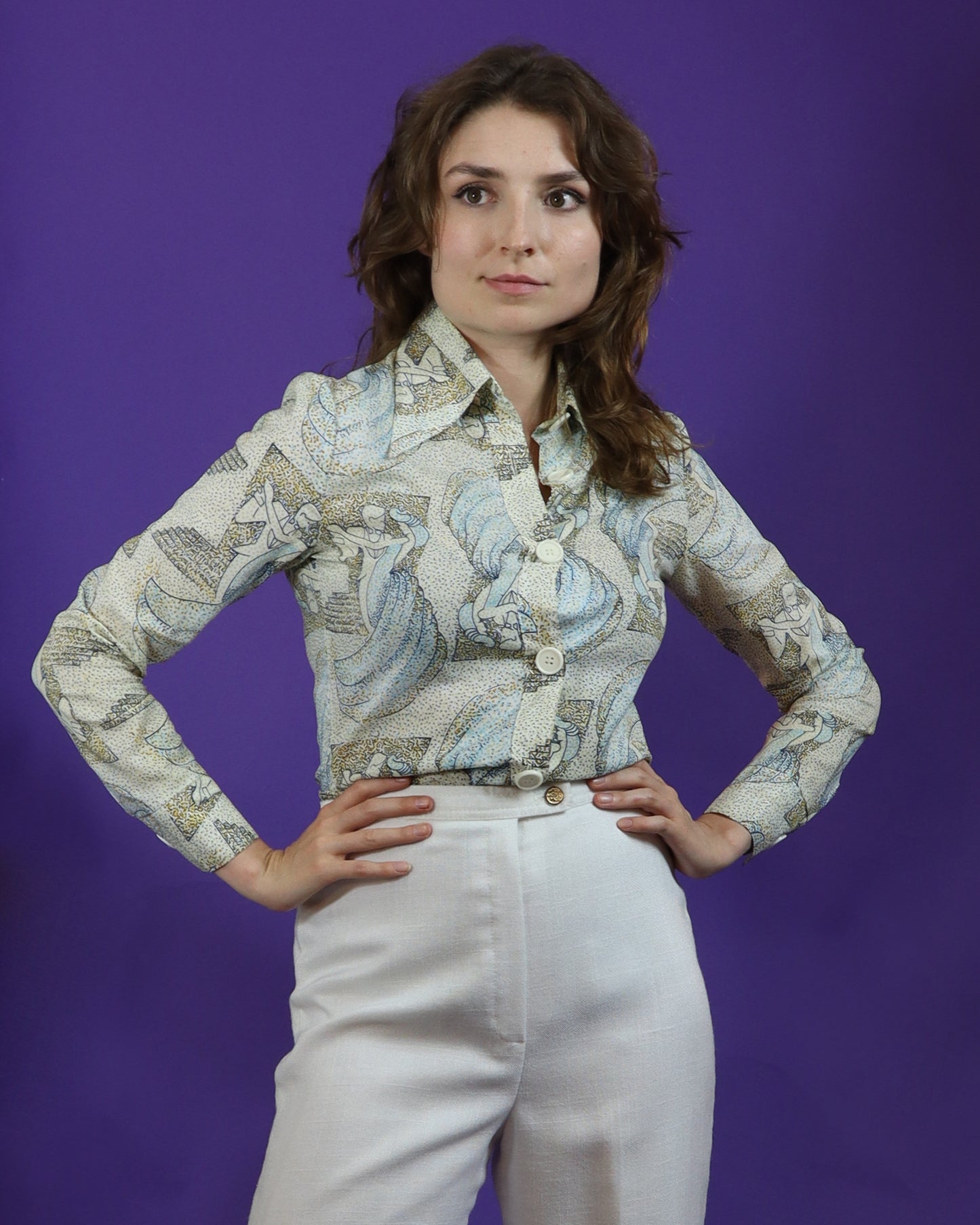 Vintage 1970s Pointillism Print Dagger Collar Shirt