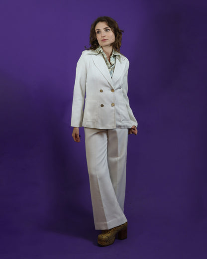 Vintage 1970s White Double Breasted Suit with Flares
