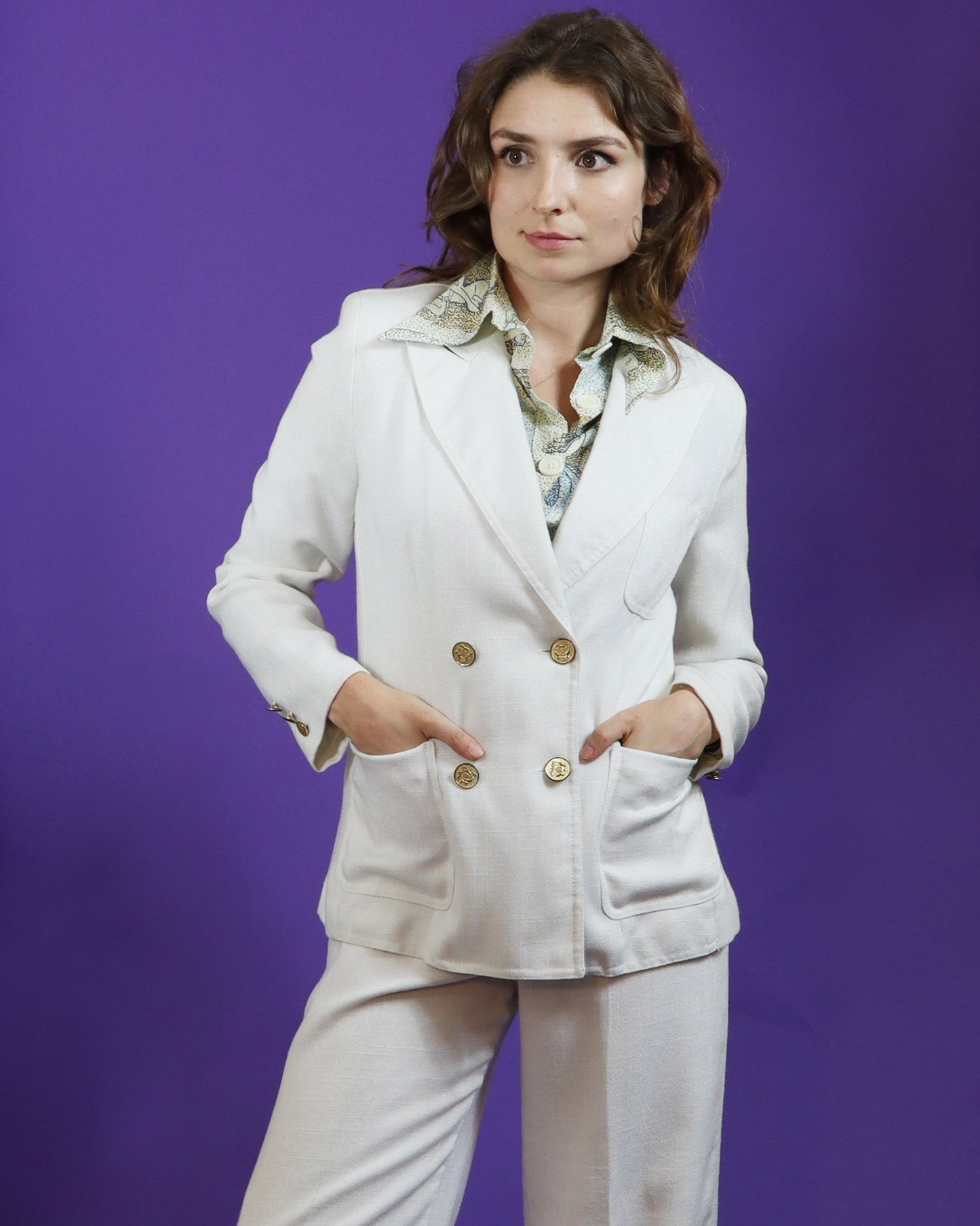 Vintage 1970s White Double Breasted Suit with Flares