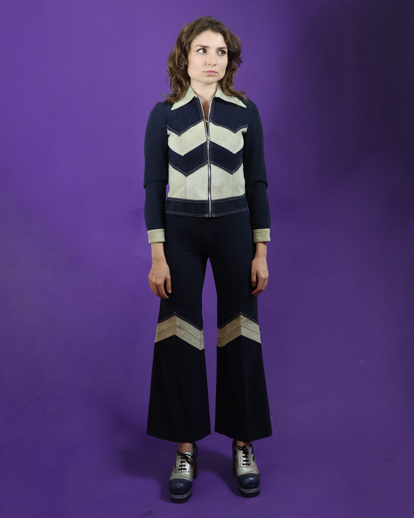 Vintage 1970s Roncelli Chevron Suede and Denim Suit