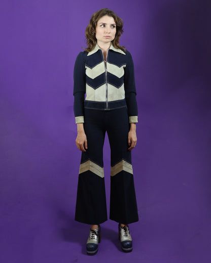 Vintage 1970s Roncelli Chevron Suede and Denim Suit
