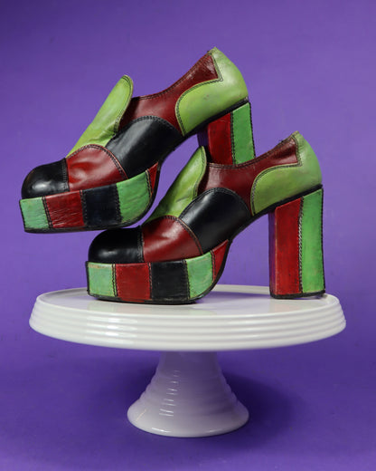 Vintage 1970s Eldita's Patchwork Platform Shoes Green UK 4