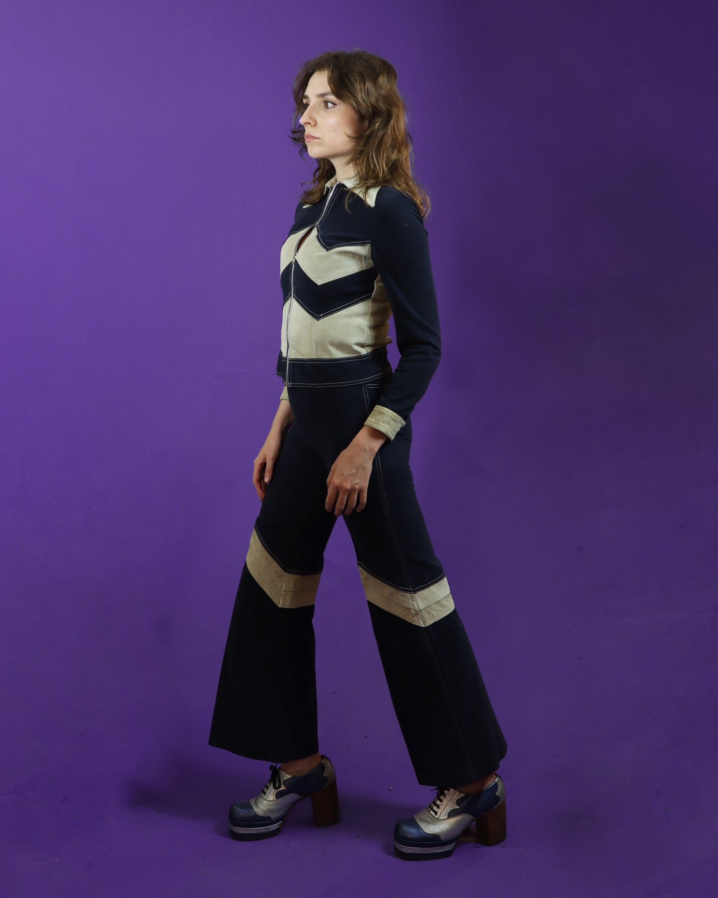 Vintage 1970s Roncelli Chevron Suede and Denim Suit