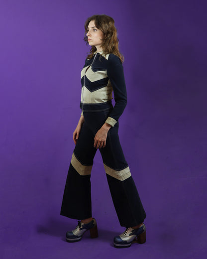 Vintage 1970s Roncelli Chevron Suede and Denim Suit