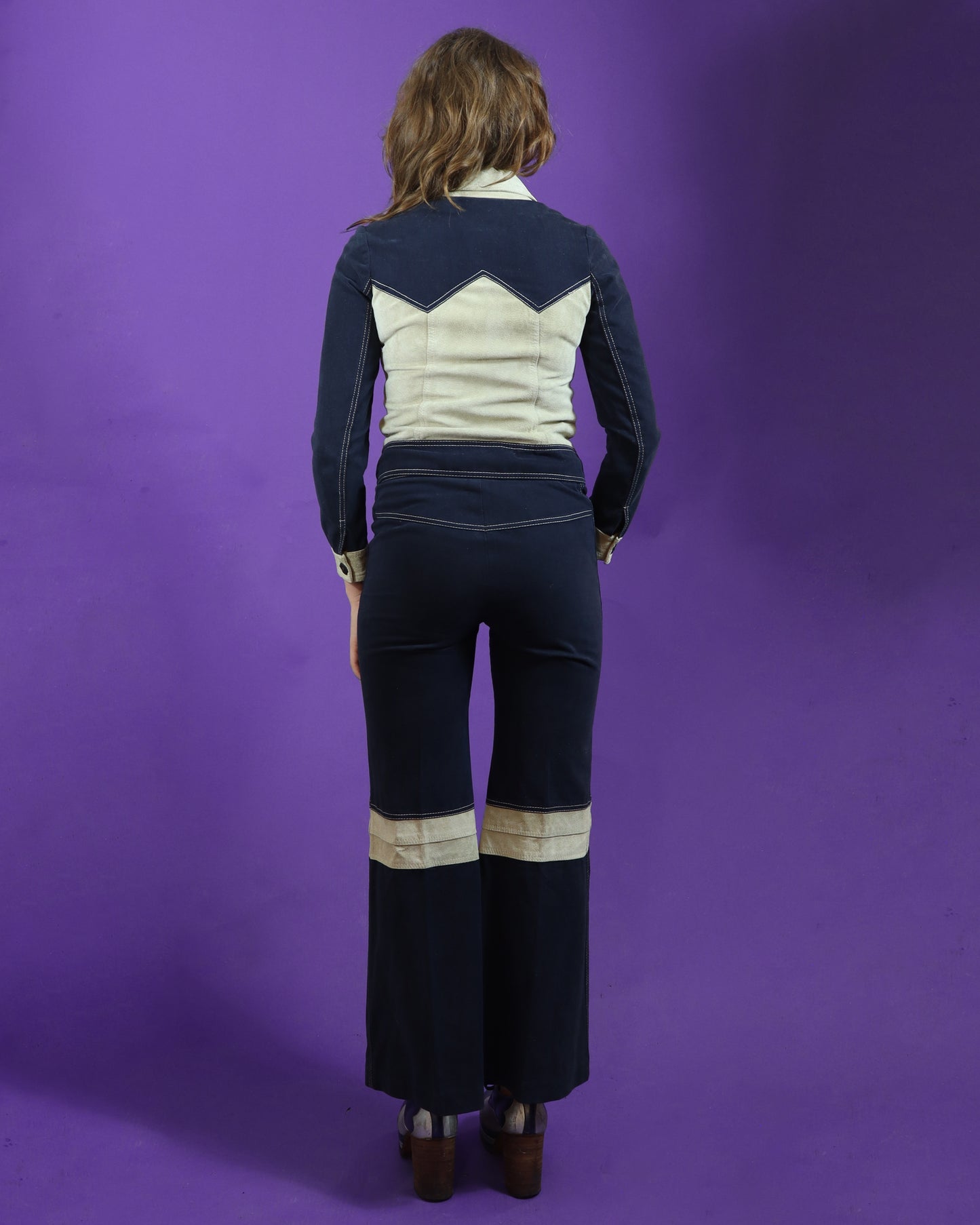 Vintage 1970s Roncelli Chevron Suede and Denim Suit