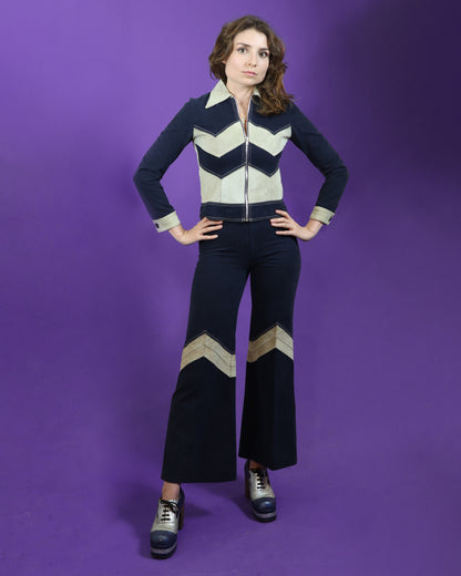 Vintage 1970s Roncelli Chevron Suede and Denim Suit