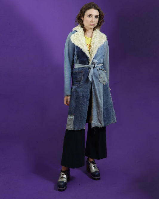 Vintage 1970s Hippie Patchwork Denim Trench Coat