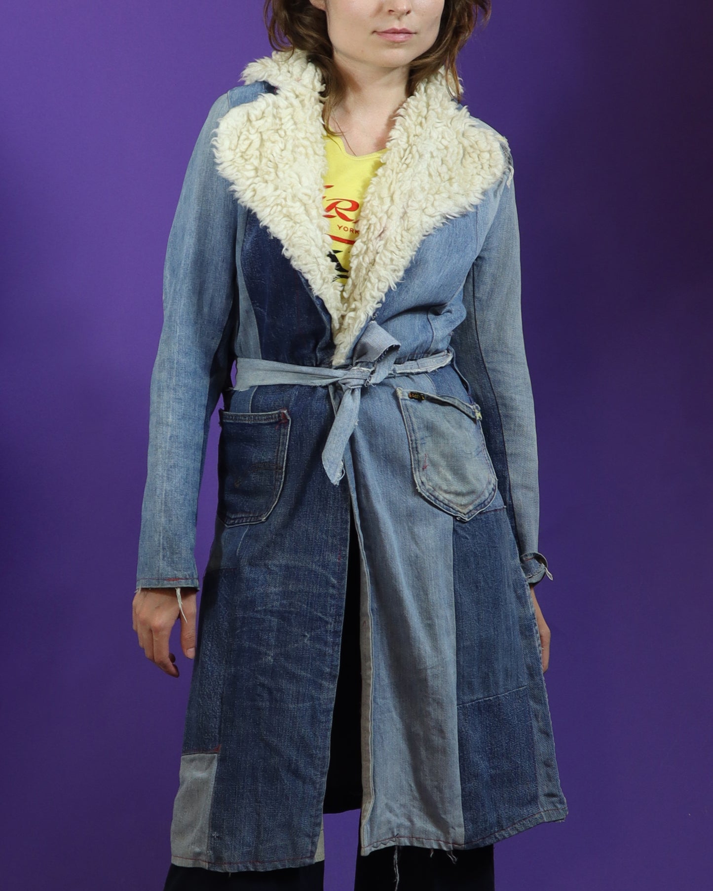 Vintage 1970s Hippie Patchwork Denim Trench Coat