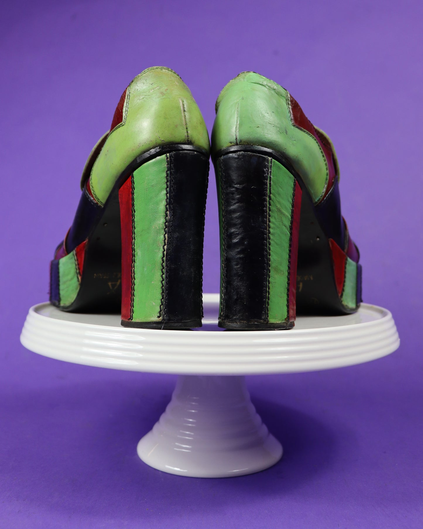 Vintage 1970s Eldita's Patchwork Platform Shoes Green UK 4