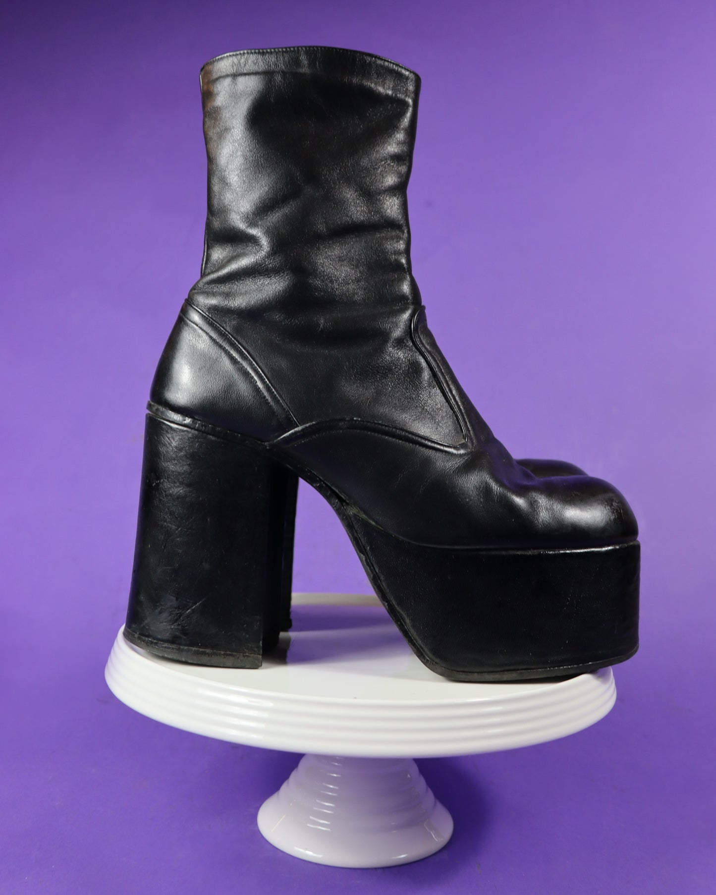 Vintage 1970s Sky High Black Leather Platform Boots UK 6