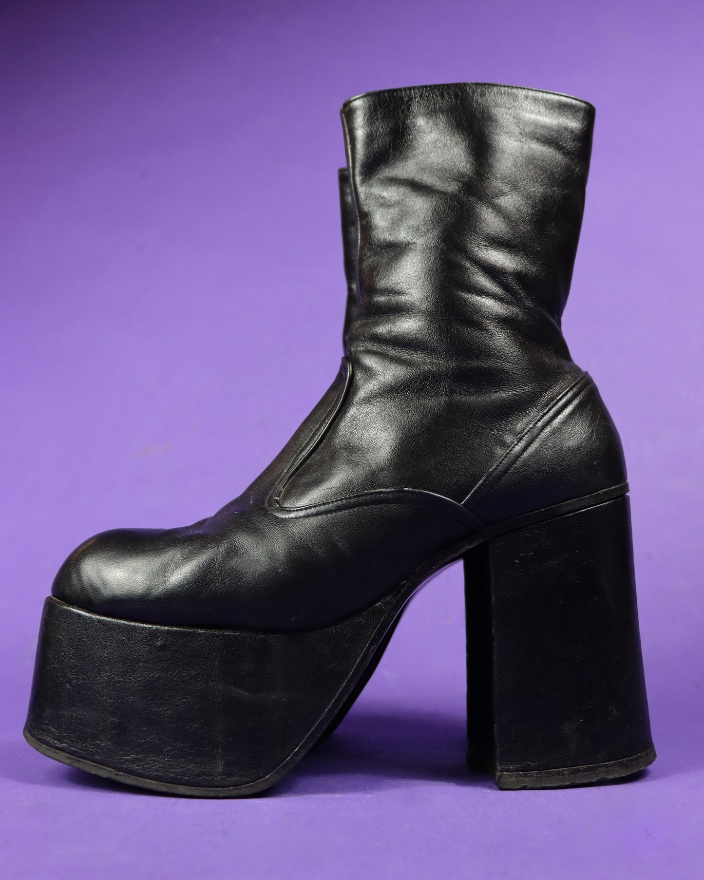 Vintage 1970s Sky High Black Leather Platform Boots UK 6