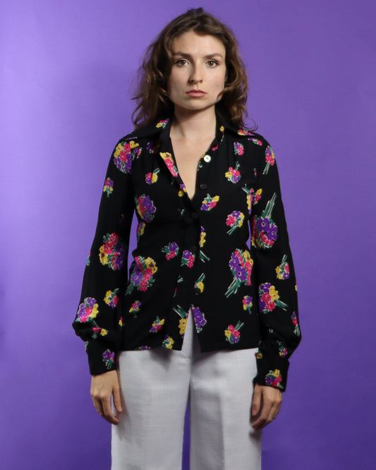 Vintage 1970s Floral Print Silk Bell Sleeve Shirt