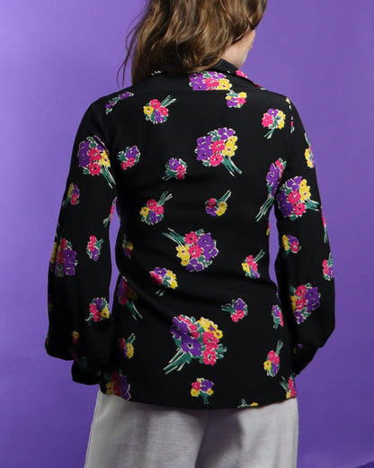 Vintage 1970s Floral Print Silk Bell Sleeve Shirt