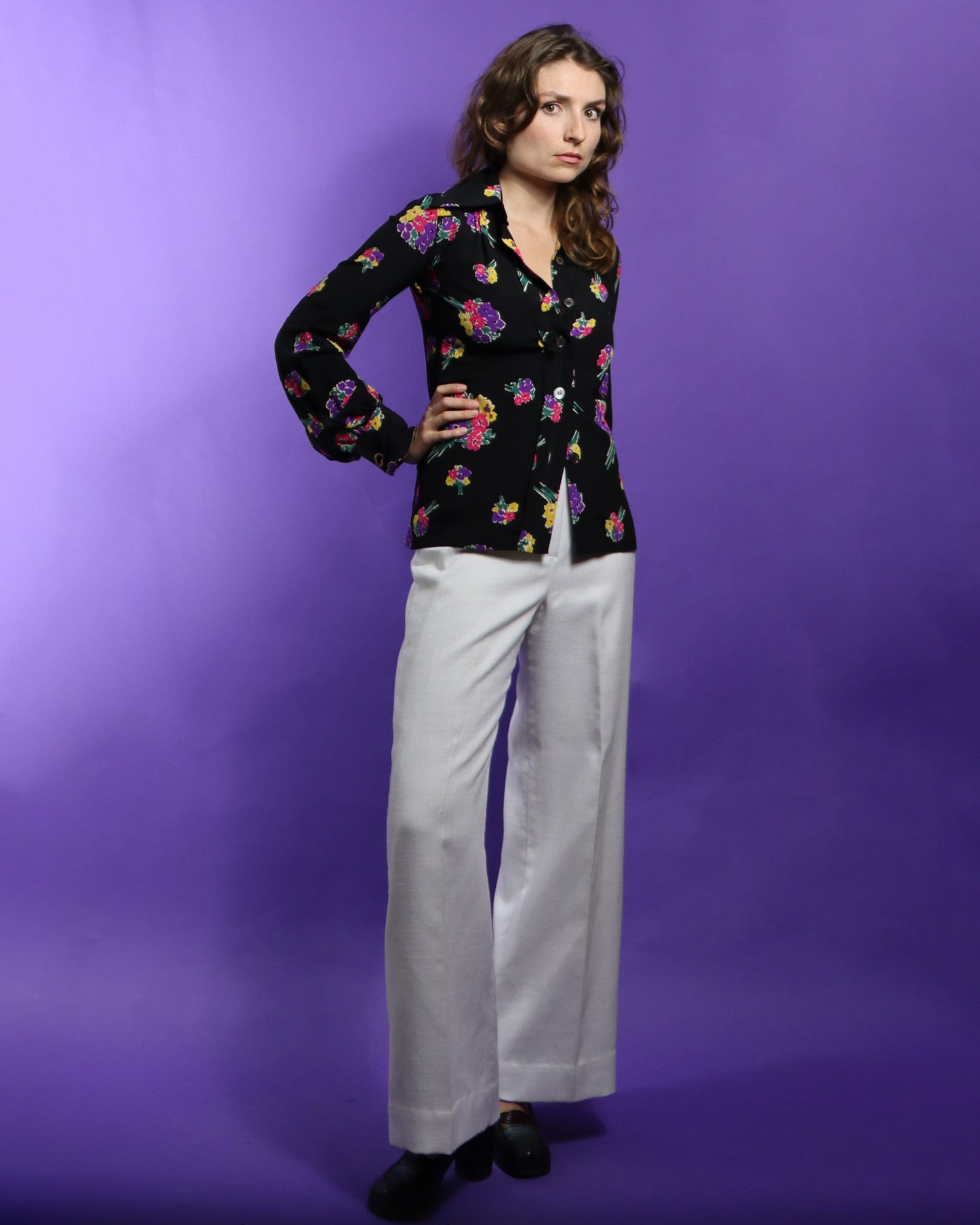 Vintage 1970s Floral Print Silk Bell Sleeve Shirt