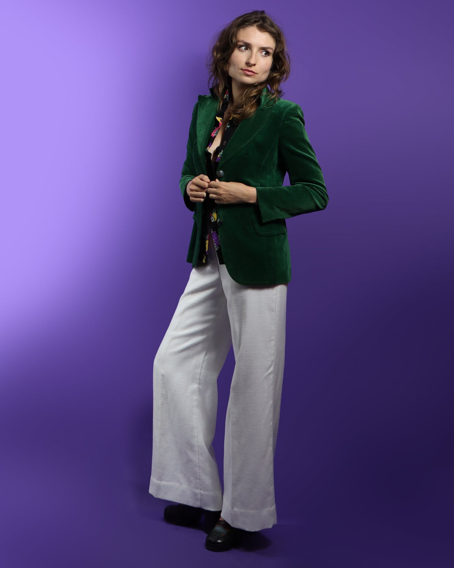 Vintage 1970s Emerald Green Velvet Blazer with Peaked Lapel