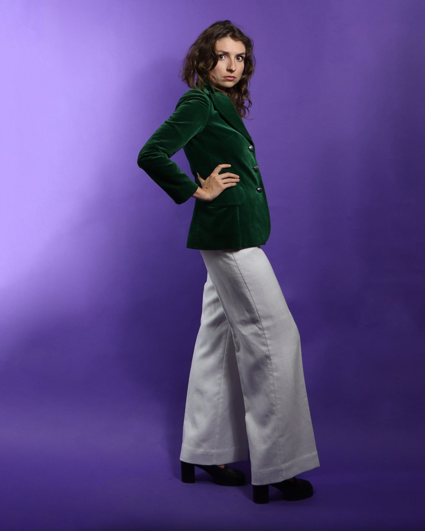 Vintage 1970s Emerald Green Velvet Blazer with Peaked Lapel