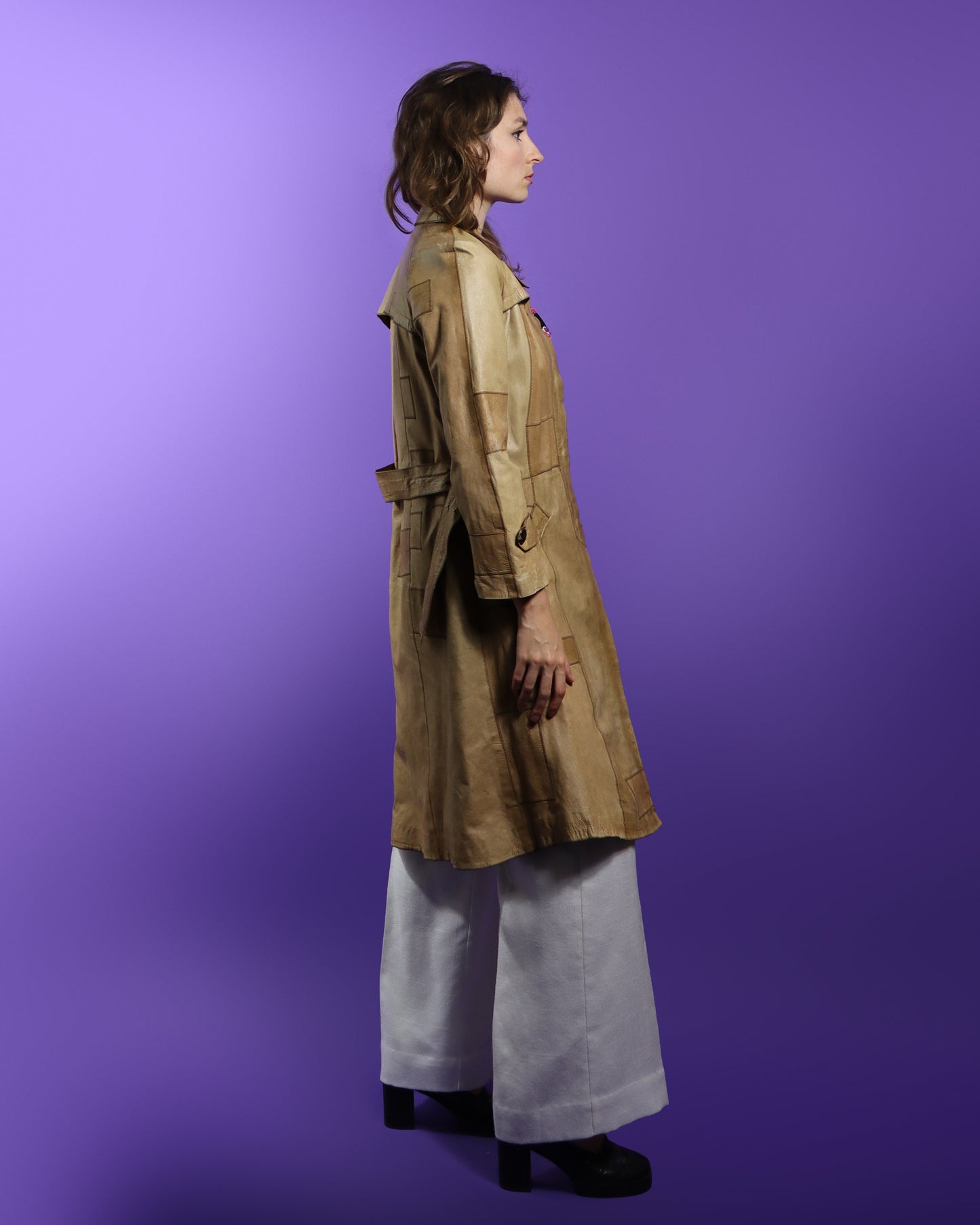 Vintage 1970s Miura Patchwork Leather Trench Coat