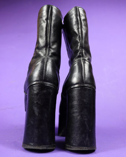 Vintage 1970s Sky High Black Leather Platform Boots UK 6