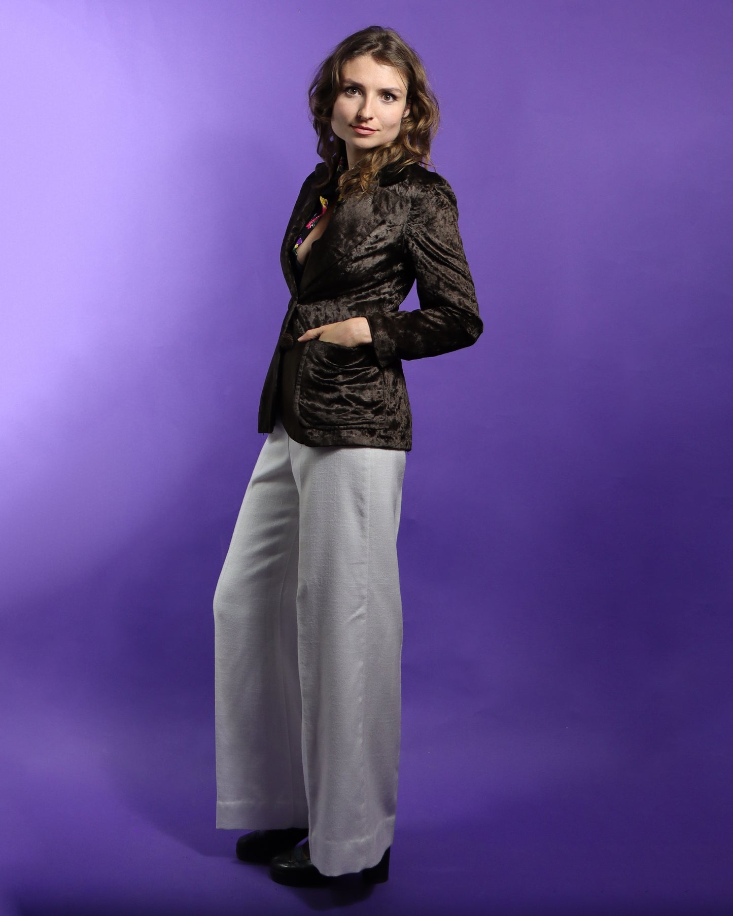 Vintage 1970s Crushed Velvet Brown Blazer