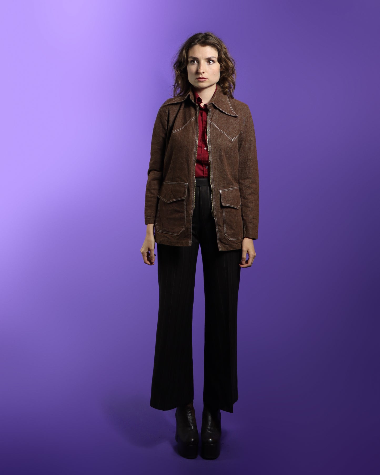 Vintage 1970s Brown Dagger Collar Zip Up Jacket