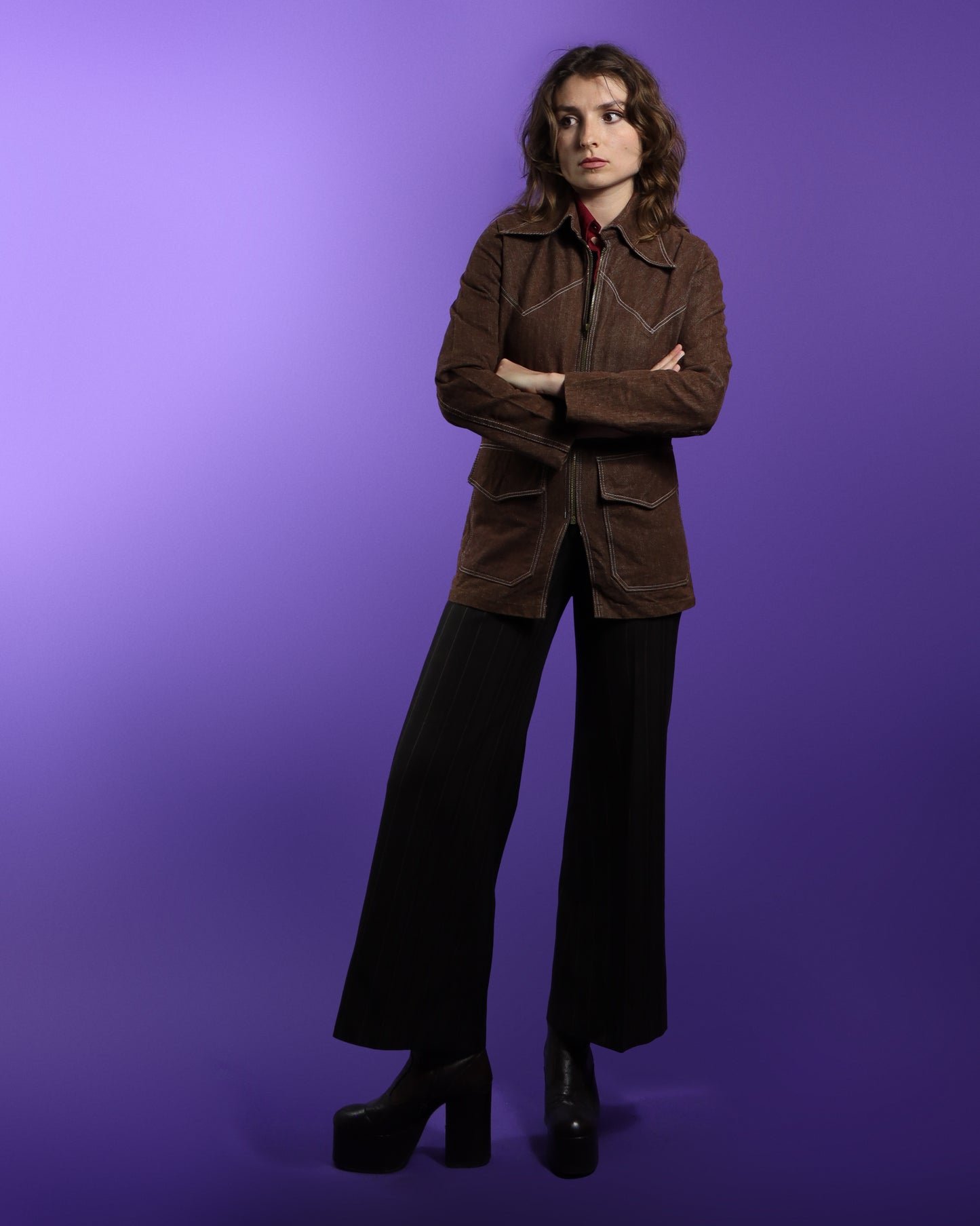 Vintage 1970s Brown Dagger Collar Zip Up Jacket