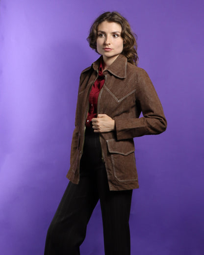 Vintage 1970s Brown Dagger Collar Zip Up Jacket