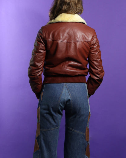 Vintage 1970s Leather Bomber Jacket with Faux Fur Lining
