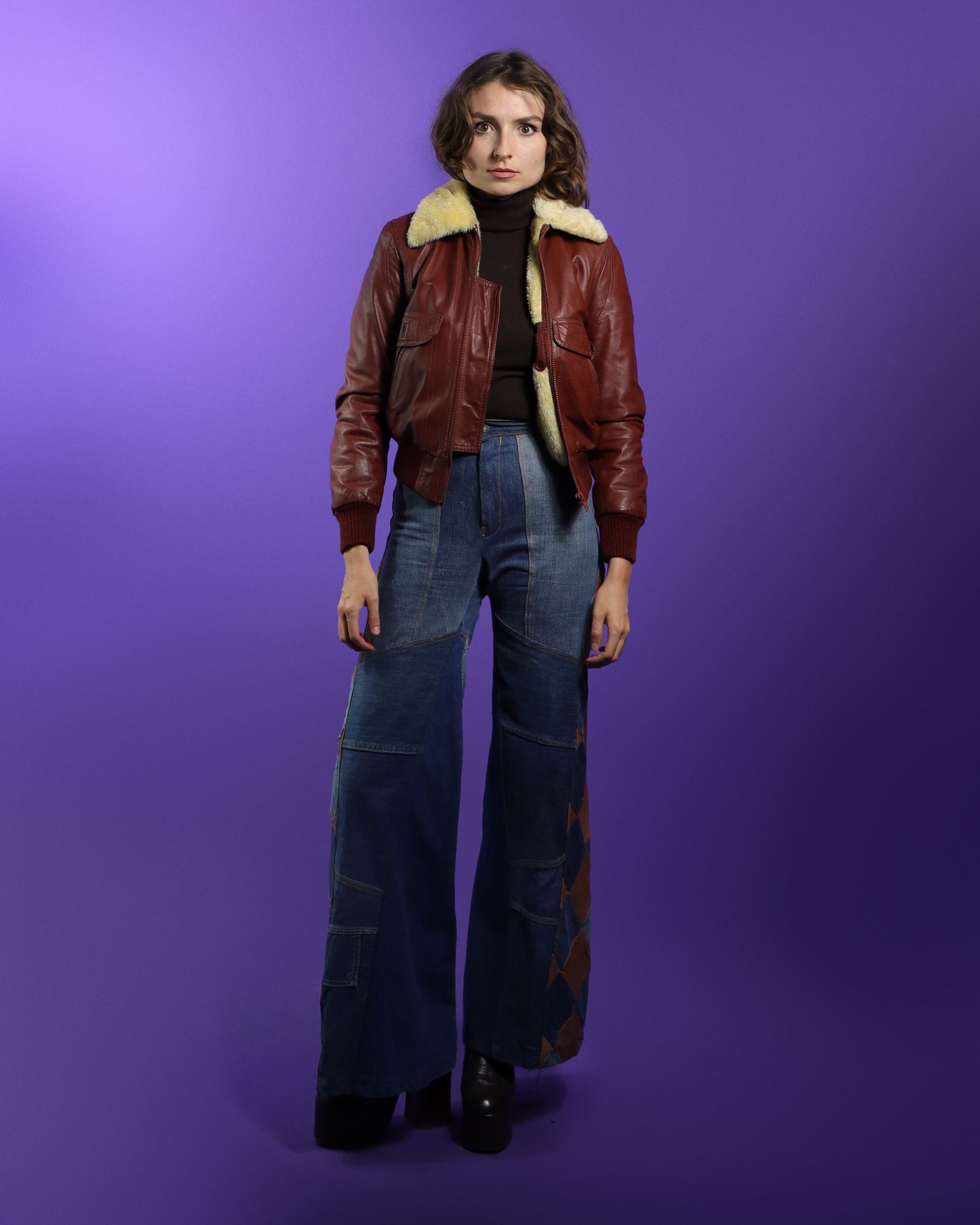 Vintage 1970s Leather Bomber Jacket with Faux Fur Lining