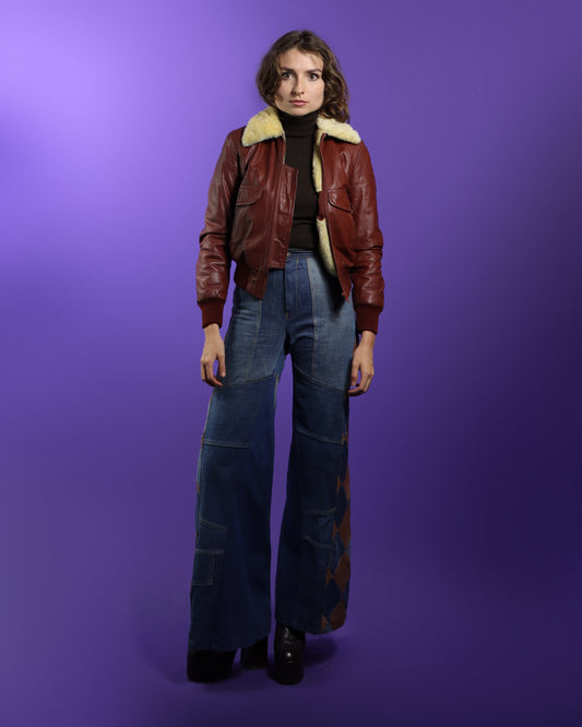 Vintage 1970s Leather Bomber Jacket with Faux Fur Lining