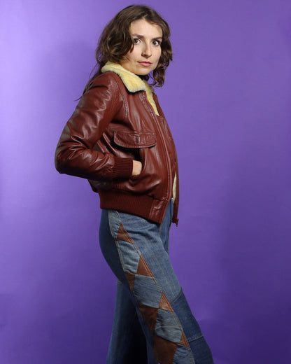 Vintage 1970s Leather Bomber Jacket with Faux Fur Lining